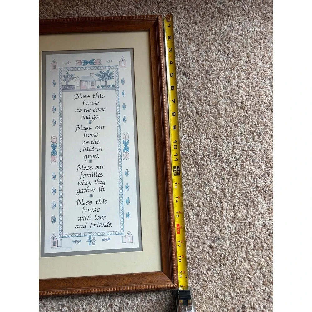 Vintage CHARLES F HUMPHREY Bless This House Calligraphy Print, Faux cross stitch